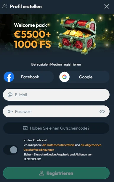 Slotorado Casino Registrierungsformular mit E-Mail, Passwort und Anmeldung über soziale Netzwerke